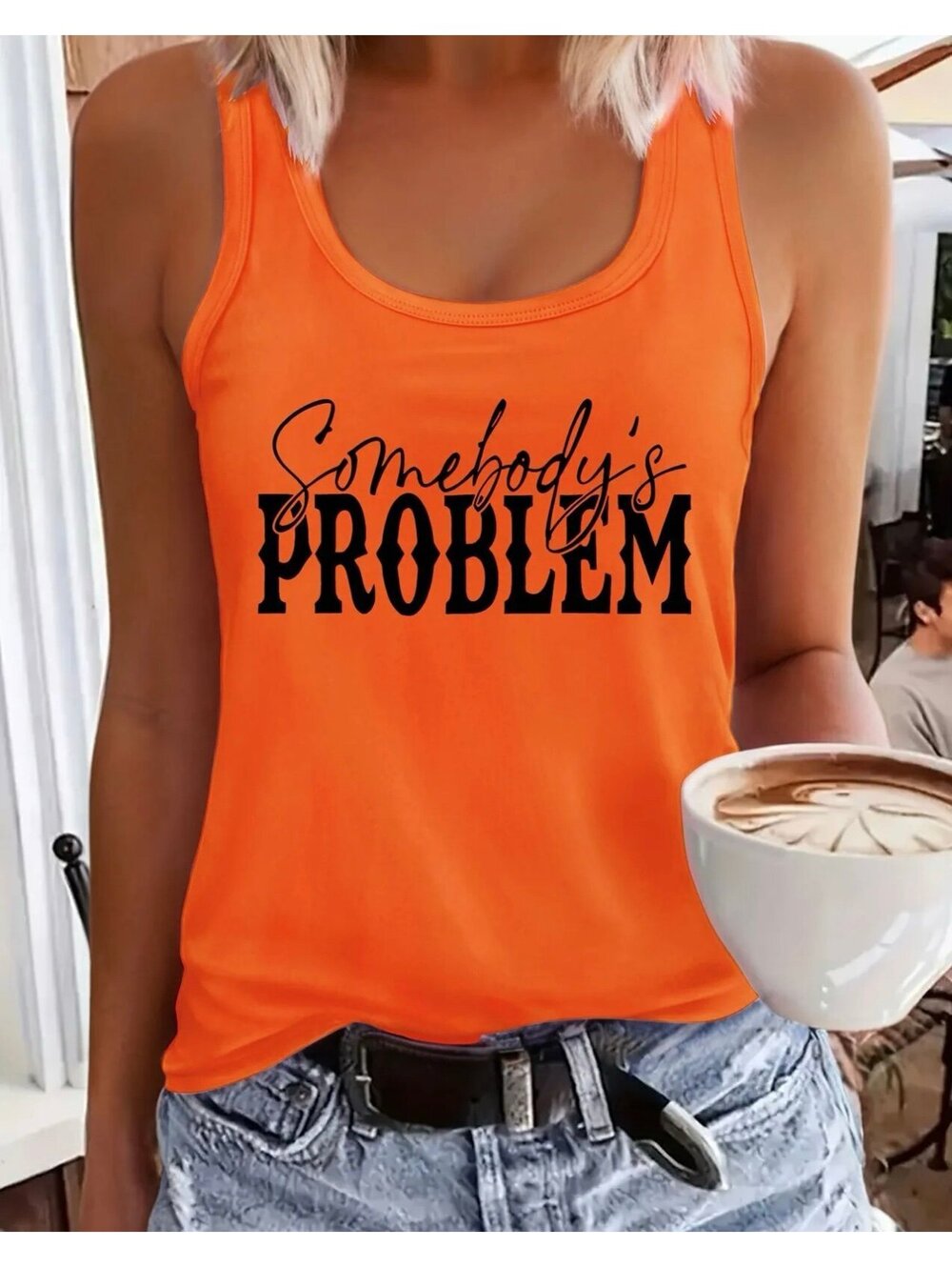 New - Fun! Vibrant - Graphic Print Racerback Tank - Orange /Black - Size M